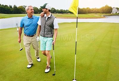 Buy stock photo Family, people and man for golf sport, physical activity or bonding through recreation. Fun, mature dad and son for walking in nature for friendly competition, game or support with smile outdoor