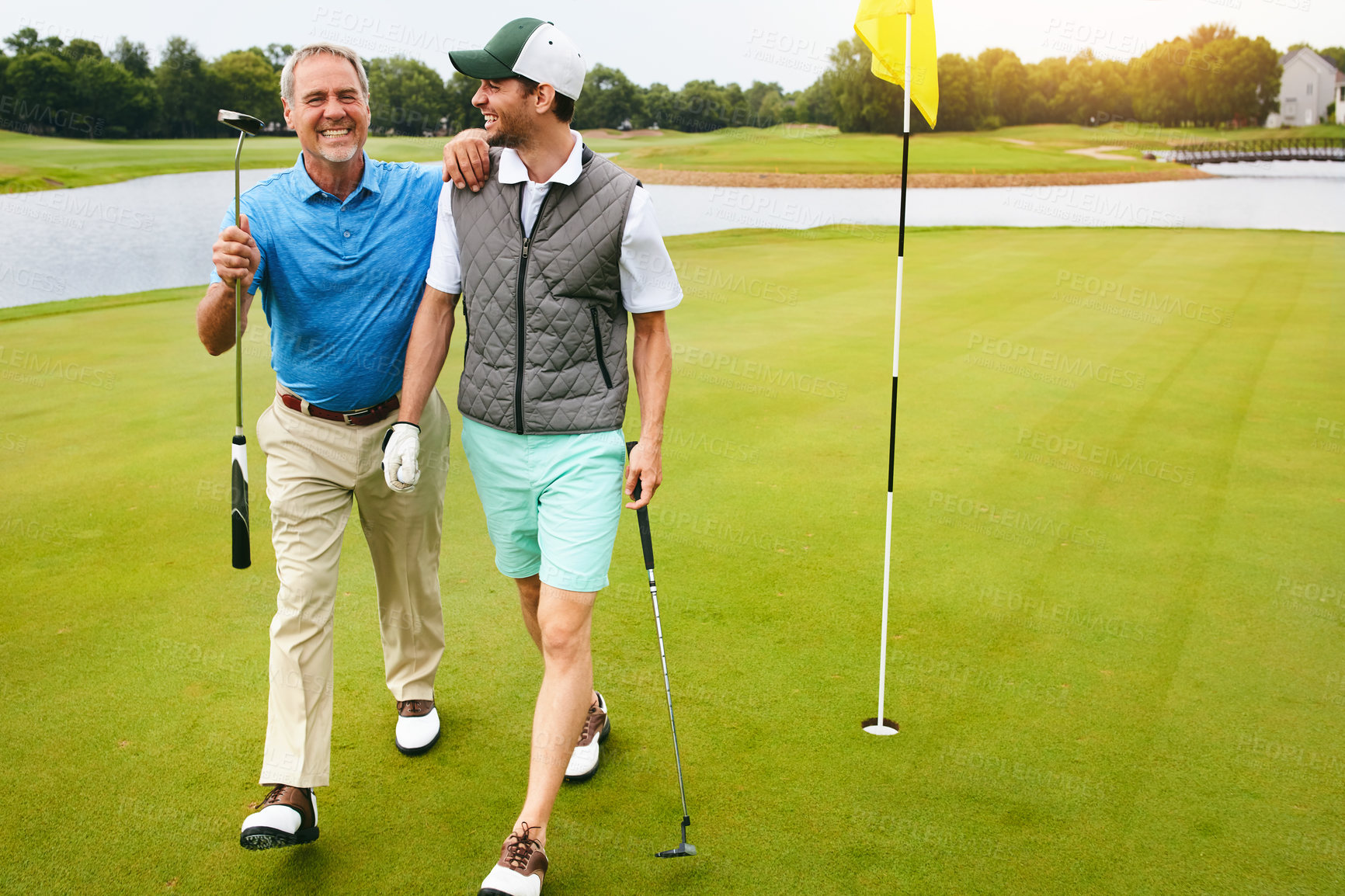 Buy stock photo Family, portrait and people for golf sport, physical activity or bonding through recreation. Fun, mature dad and son for walking in nature for friendly competition, game or support with smile outdoor