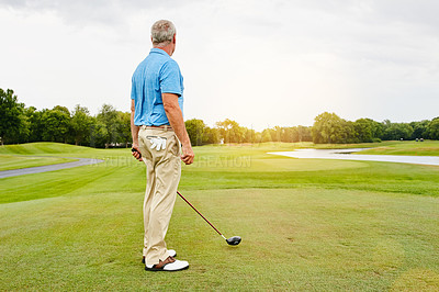 Buy stock photo Mature, man and thinking on golf course or nature for recreation sport, practice and training for tournament match. Male golfer, country club and back with thoughts for coordination and exercise.