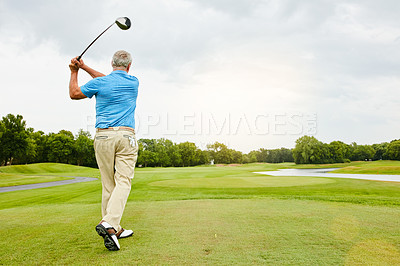 Buy stock photo Mature, man and swinging on golf course or outdoor for recreation sport, practice and training for tournament match. Male golfer, country club and playing with skill for coordination and exercise.