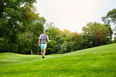 Buy stock photo Man, golf and walking with ball for exercise, happiness for birdie success or handicap achievement. Male athlete, game or smile with driver on course, outdoor for sports challenge with par hole