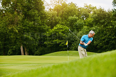 Buy stock photo Old man, golf stroke and sports with retirement, weekend break and playing with grass field, active and hobby. Active, pensioner and mature guy with skills for game, training and swing with action