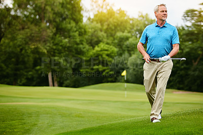 Buy stock photo Mature man, sports and thinking at golf course with hobby or activity for retirement and fun. Elderly person, break and play at field for fitness, training and exercise for health or recreation