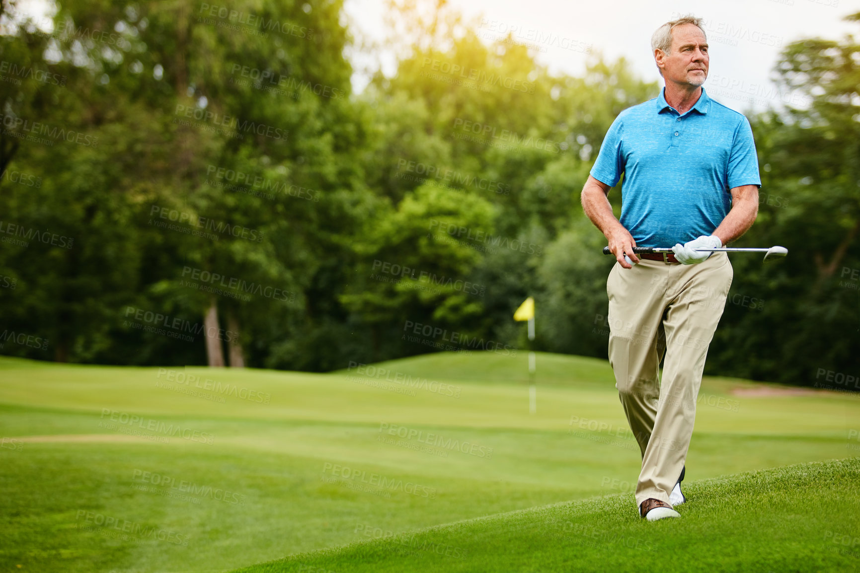 Buy stock photo Mature man, sports and thinking at golf course with hobby or activity for retirement and fun. Elderly person, break and play at field for fitness, training and exercise for health or recreation