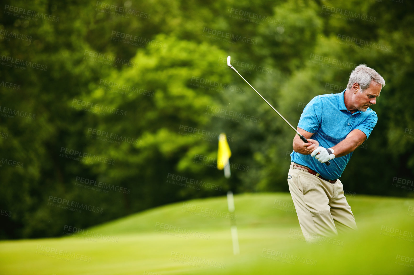 Buy stock photo Mature man, sports and swing at golf course with hobby or activity for retirement and fun. Elderly person, break and play at field or club for fitness, training and exercise for health and recreation