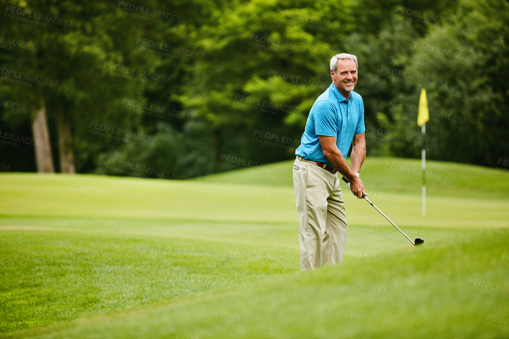 Buy stock photo Mature man, happy and golf course for sports talent or retirement and training. Hobby, activity and smile at filed or club for tournament, competition and game for fitness and recreation on portrait