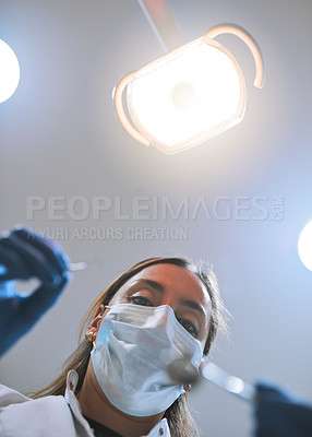 Buy stock photo Woman, dentist and equipment with portrait in preparation for procedure in hospital or oral care clinic. Female person, below and dental hygienist for teeth cleaning, exam or root canal treatment