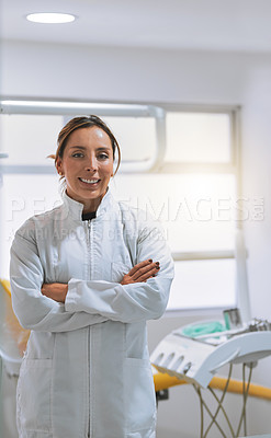 Buy stock photo Portrait, woman or confident dentist with arms crossed in office for oral appointment or mouth healthcare. Professional, proud or happy dental doctor with smile for tooth cleaning services in England