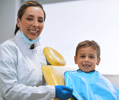 Buy stock photo Dentist, child and patient with smile portrait for tooth extraction, dental hygiene and cleaning service. Healthcare, dentistry worker and boy for checkup, oral care or happy with consultation mockup