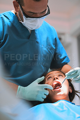 Buy stock photo Check, child and dentist with mirror for teeth, mouth exam and oral hygiene at pediatric clinic. Girl, tools and orthodontics treatment for tooth, cleaning and cavity inspection for dental health