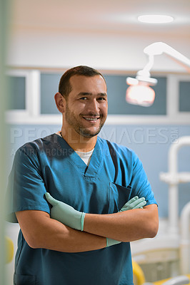 Buy stock photo Portrait, happy man or dentist with arms crossed in office for oral appointment or mouth healthcare. Professional, confident or proud dental doctor with smile for tooth cleaning services in Portugal 