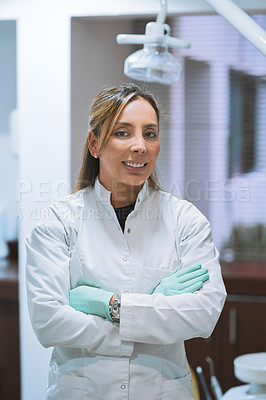 Buy stock photo Portrait, happy woman or dentist with arms crossed in office for oral appointment or mouth healthcare. Professional, confident or proud dental doctor with smile for tooth cleaning services in England