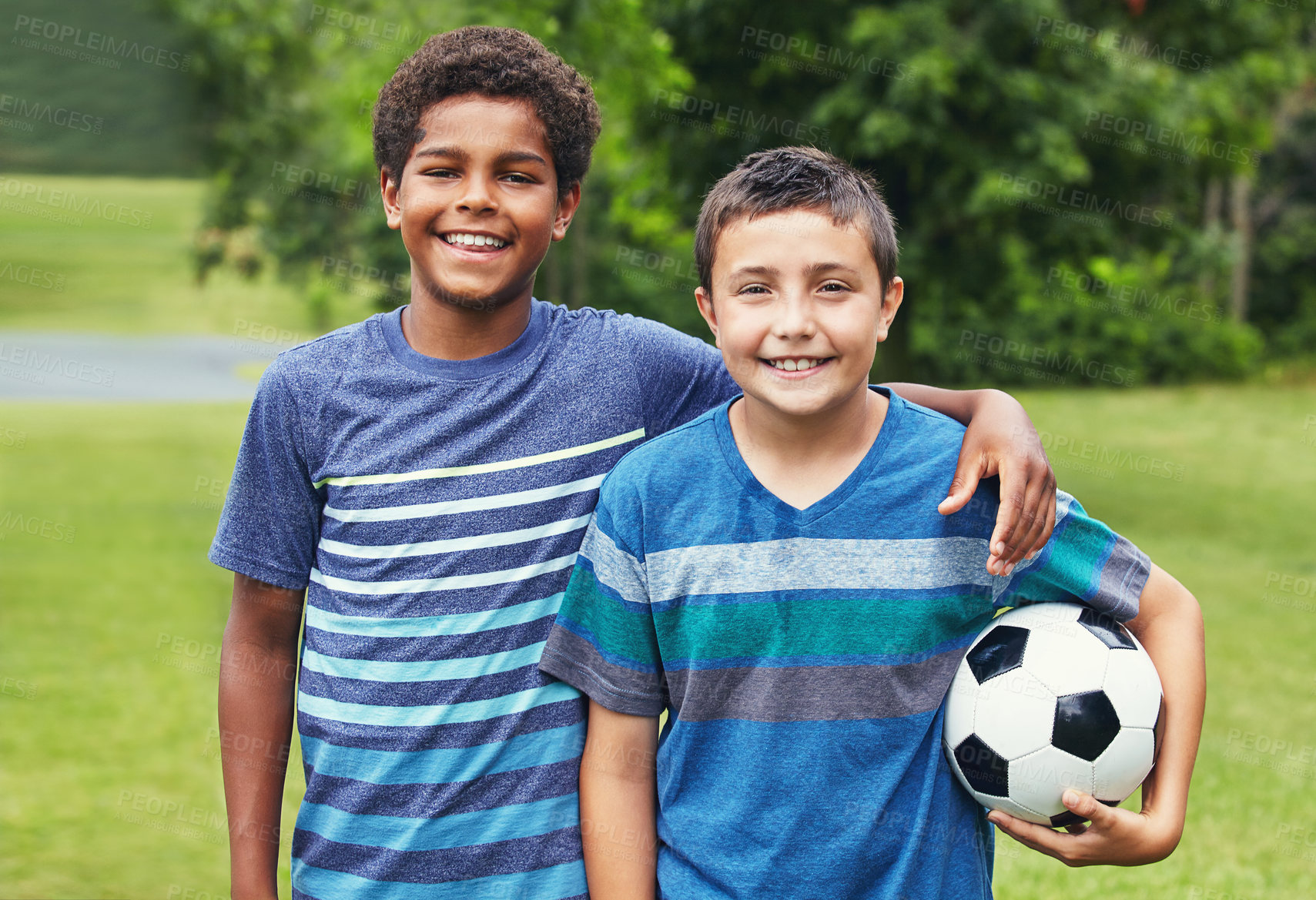 Buy stock photo Boys, hug and portrait of children with soccer ball in park for happiness, development or bonding together. Nature, friends and young kids with smile for embrace, support or playing game in Canada