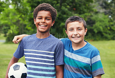 Buy stock photo Children, hug and portrait of friends with soccer ball in park for happiness, development or bonding together. Weekend, nature and boys with smile for embrace, support or playing game in Canada