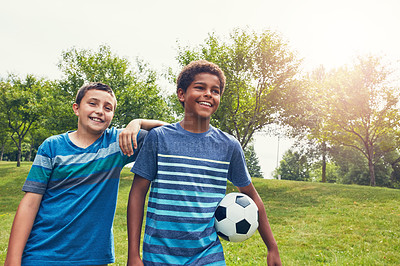 Buy stock photo Weekend, children and field in park with soccer ball for happiness, development or bonding together. Morning, friends and boy kids with smile for fun, summer vacation for adventure in nature