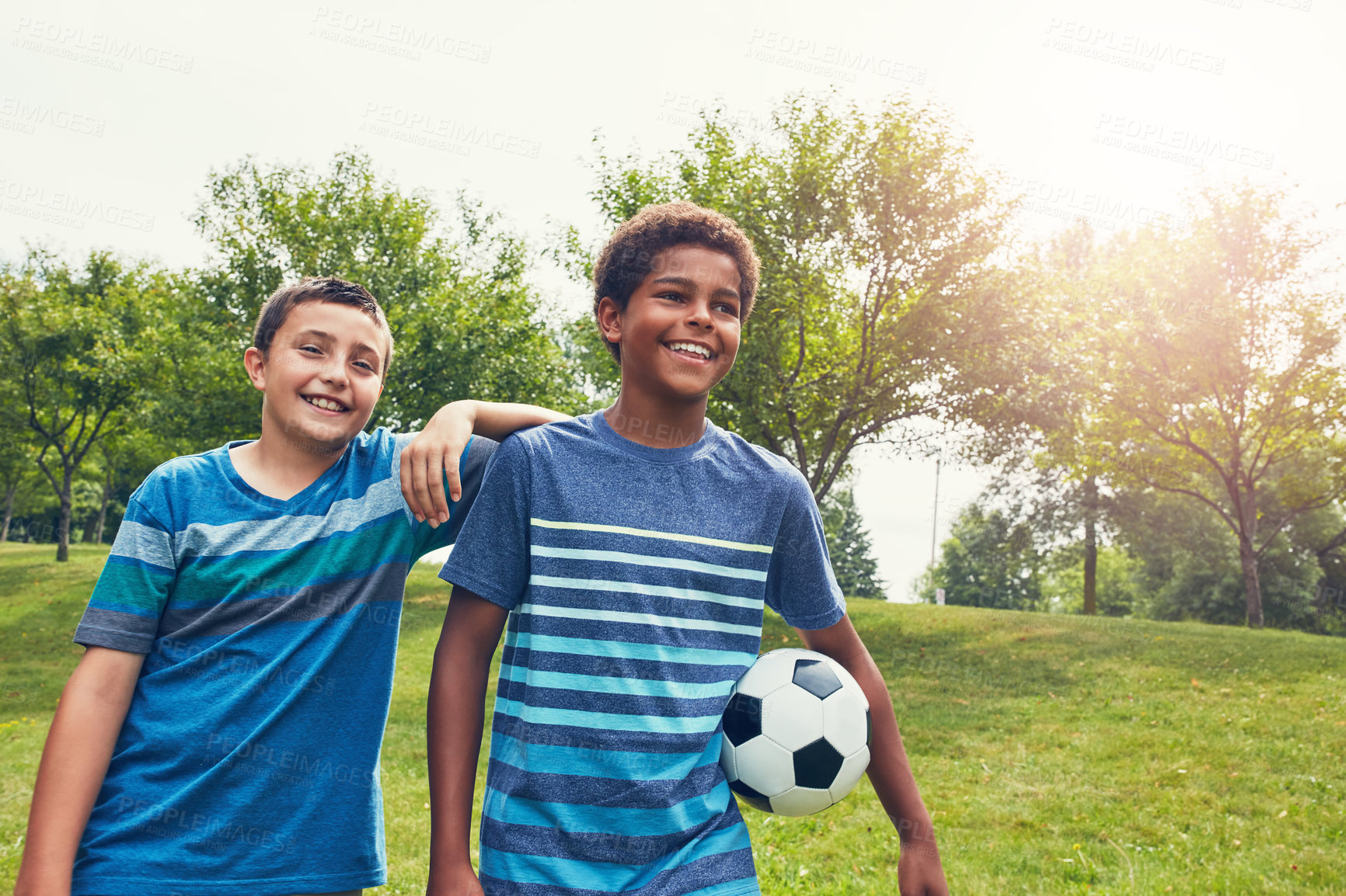 Buy stock photo Weekend, children and field in park with soccer ball for happiness, development or bonding together. Morning, friends and boy kids with smile for fun, summer vacation for adventure in nature