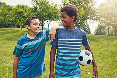 Buy stock photo Boys, children and walking in park with soccer ball for happiness, development or bonding together. Morning, friends and young kids with smile for fun, summer vacation or weekend adventure in nature