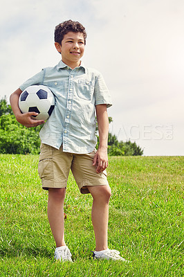 Buy stock photo Nature, thinking and boy child with soccer ball in park for childhood development, idea or hobby. Outdoor, sports and Brazilian kid with smile in playground for happiness, solution or football game