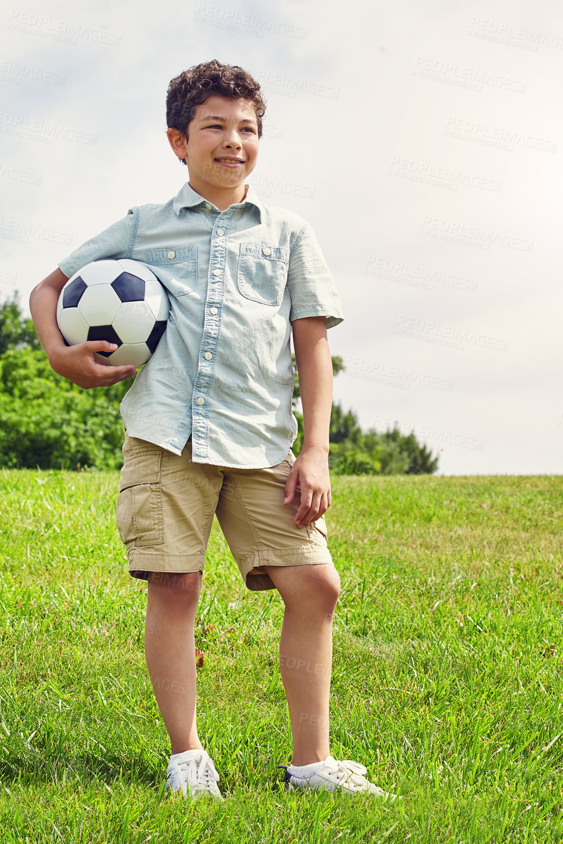 Buy stock photo Nature, thinking and boy child with soccer ball in park for childhood development, idea or hobby. Outdoor, sports and Brazilian kid with smile in playground for happiness, solution or football game