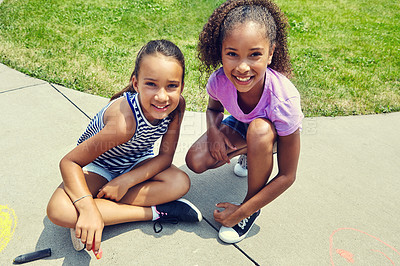 Buy stock photo Shot of adorable little girls playing outdoors