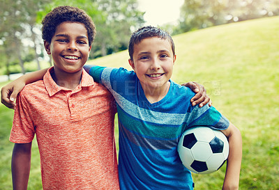 Buy stock photo Soccer ball, friends and portrait of children in park for bonding, hug and outdoor holiday together. Sports, games and happy kids on grass with smile, fun and embrace on summer camp for football.