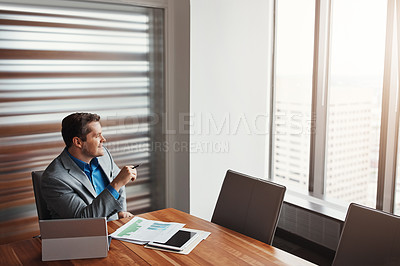 Buy stock photo Man, paperwork and banker thinking in office, research and plan for growth on laptop. Male person, brainstorming and review credit report for feedback at insurance agency, performance and ideas