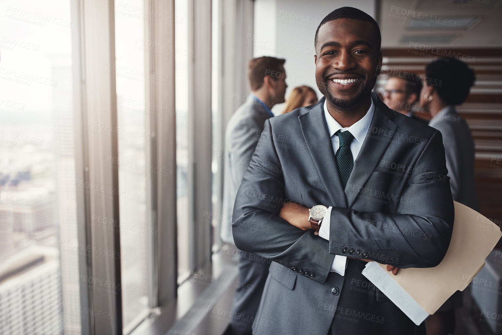 Buy stock photo Professional black man in business, smile in portrait and leadership, corporate lawyer in meeting. Businessman in conference room, happy male person with collaboration in company and management