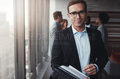 Buy stock photo Business, sign up and portrait of man with folder, confidence and professional registration at tradeshow. About us, businessman or happy consultant in office with files, smile and startup opportunity