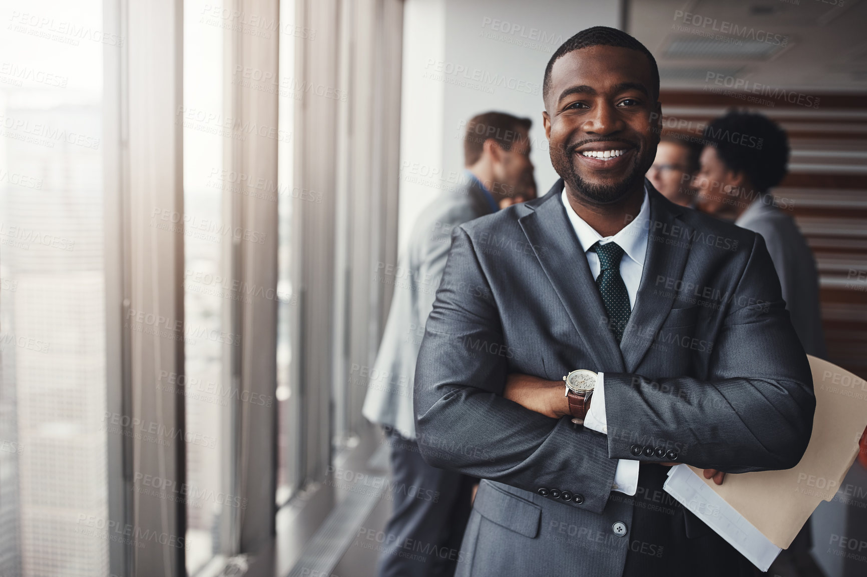 Buy stock photo Black man in business, arms crossed with smile in portrait and leadership, corporate lawyer in meeting. Businessman in conference room, happy male person with confidence in company and management