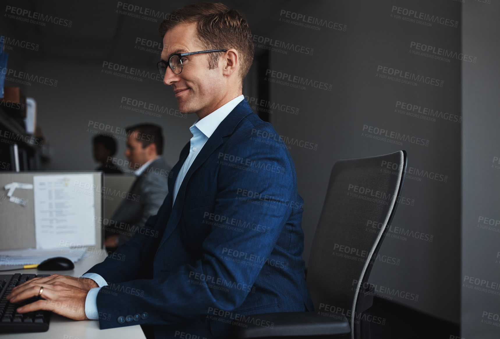 Buy stock photo Office, working and business man in cubicle with computer, typing email and daily operations. Professional, career and male clerk in workspace with keyboard, data entry and record info for accuracy