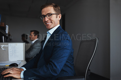 Buy stock photo Office, portrait and businessman in cubicle for working, typing email and daily operations. Professional, male clerk and computer in workspace with keyboard, data entry and record info for accuracy