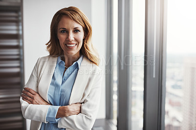 Buy stock photo Business, woman and portrait with pride in office, confidence or arms crossed for corporate company. Professional, career or mature employee as hr manager for admin tasks, job or management by window