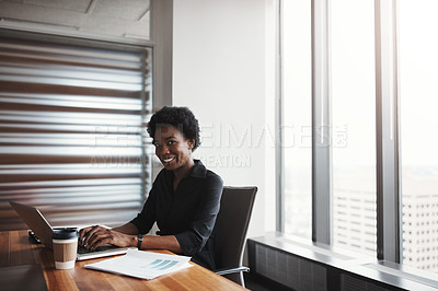 Buy stock photo Cropped portrait of an attractive businesswoman working in her corporate office