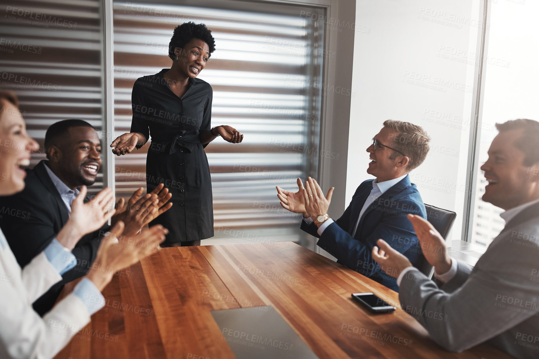 Buy stock photo Workplace, business people or applause for woman after presentation, feedback or discussion with staff. Corporate firm, manager or colleagues with clapping hands for success, achievement or well done