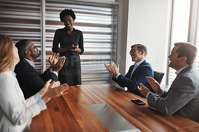 Buy stock photo Office, business people or applause for woman after presentation, feedback or discussion with staff. Corporate firm, manager or colleagues with clapping hands for success, achievement or well done