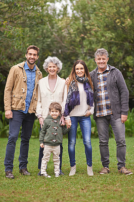 Buy stock photo Family, grandparents and parents with child in portrait for bonding, happiness and picture in park. Outdoor, nature and old people with mother or father and kid for weekend or holiday together