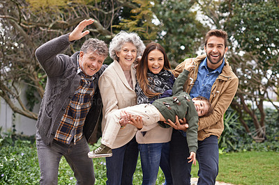 Buy stock photo Family, happy and portrait of parents with kid in a park on outdoor vacation, holiday and excited together. Grandparents, happiness and people play with kid as love, care and bonding in a backyard