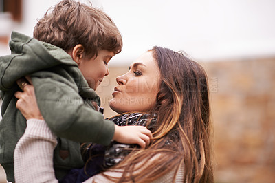 Buy stock photo Mother holding boy, outdoor and family with happiness, kid and bonding together with mama and son. Family, single parent and childhood with joy and playing with fun and vacation with weekend break