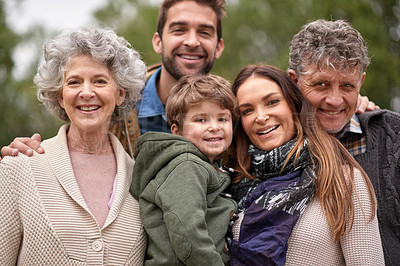 Buy stock photo Family, grandparents and portrait of parents with kid in a park on outdoor vacation or holiday together. Face of old people, happiness and happy mother and father for love or care in nature