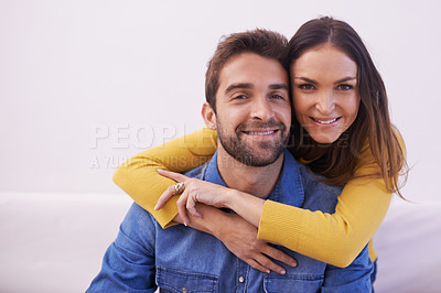 Buy stock photo Portrait, happy couple and hug on sofa in living room for bonding, love and support to relax together. People, man and woman in romantic relationship, dating and soulmate with commitment at home