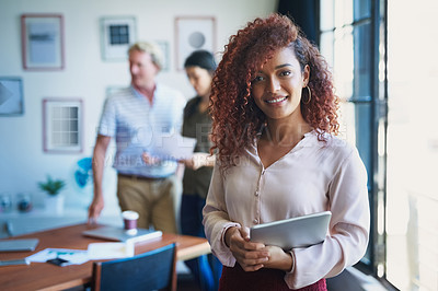 Buy stock photo Portrait, smile and tablet of business black woman in boardroom of office for start of meeting. Creative, development and design with happy employee in workplace for coaching, planning or training