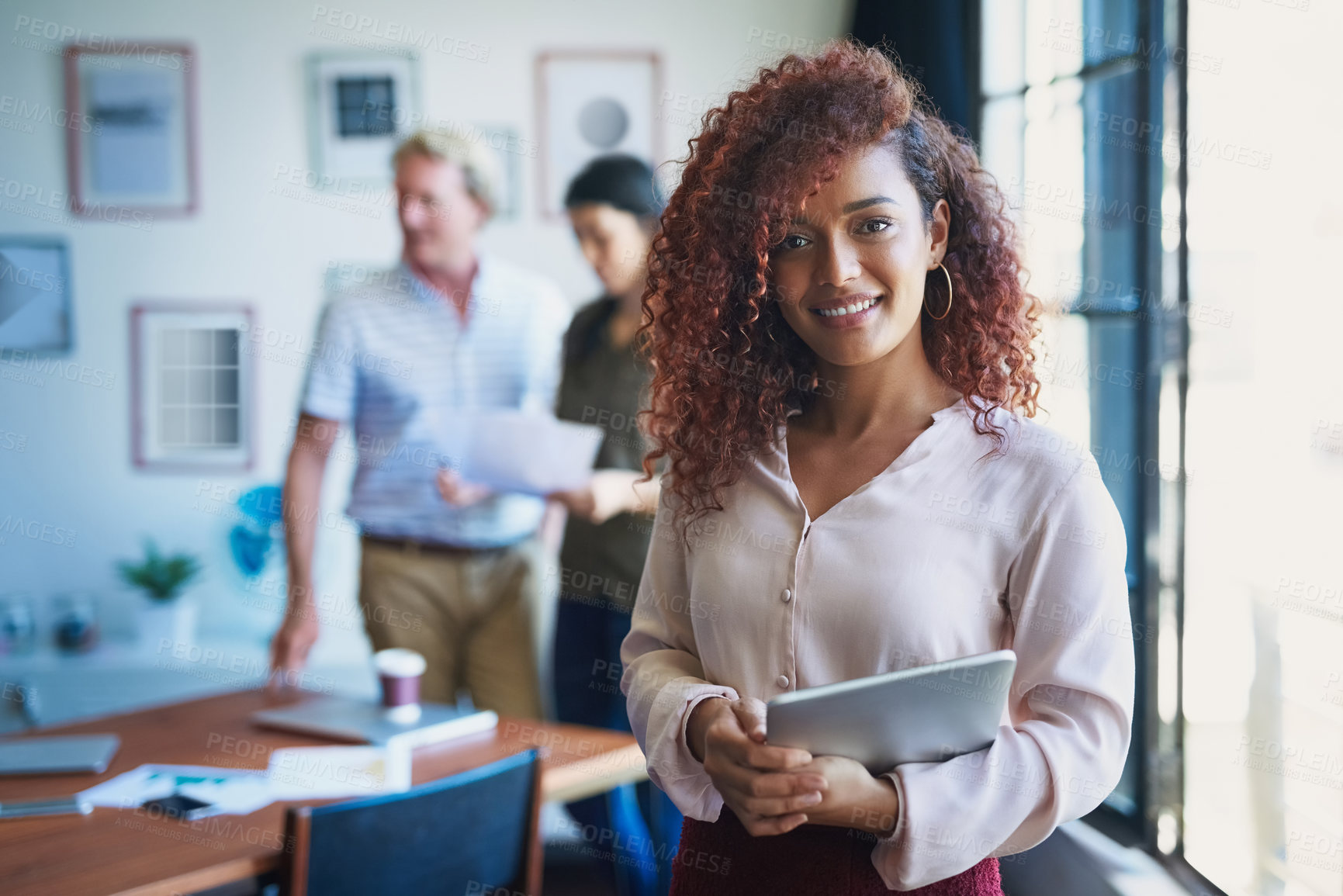 Buy stock photo Portrait, smile and tablet of business black woman in boardroom of office for start of meeting. Creative, development and design with happy employee in workplace for coaching, planning or training