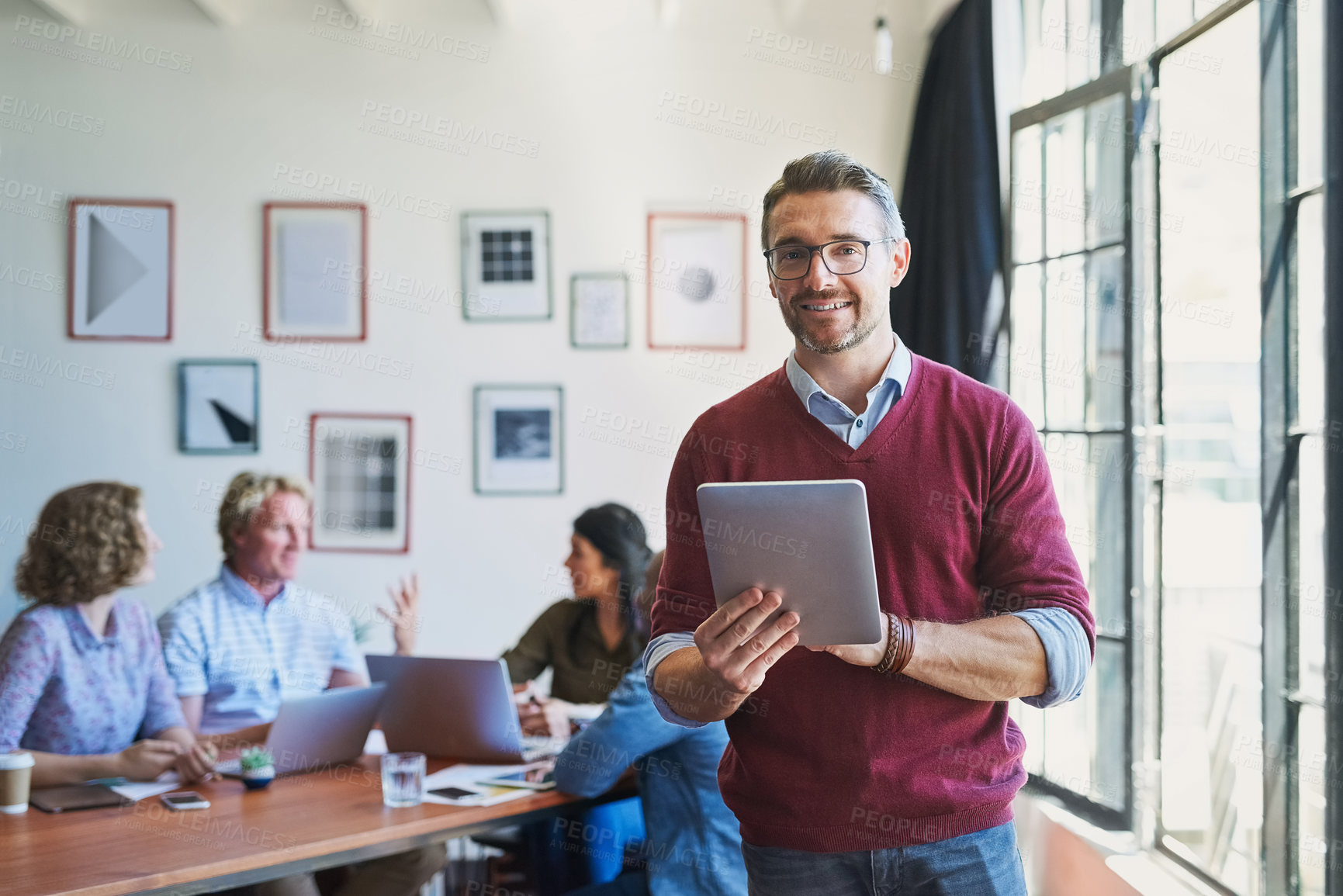 Buy stock photo Tablet, professional and portrait of business man in office for social media, design organization or consultant. Content engagement, publishing and broadcast production with person in creative agency