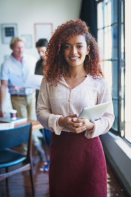 Buy stock photo Tablet, woman and portrait in office for startup, email feedback and small business review. Employee, tech or happy at window for company growth, online networking or schedule in workshop with agenda