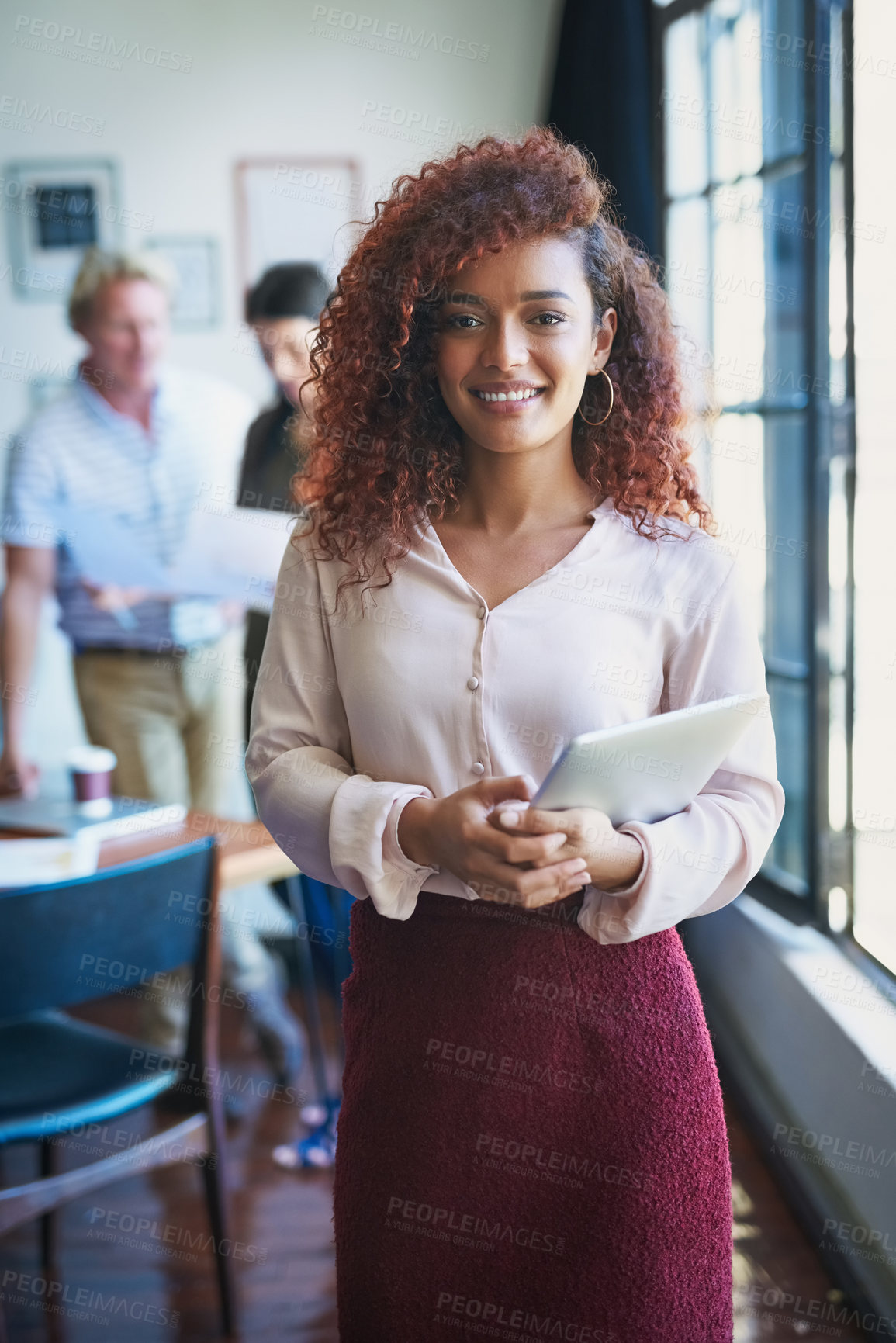 Buy stock photo Tablet, woman and portrait in office for startup, email feedback and small business review. Employee, tech or happy at window for company growth, online networking or schedule in workshop with agenda