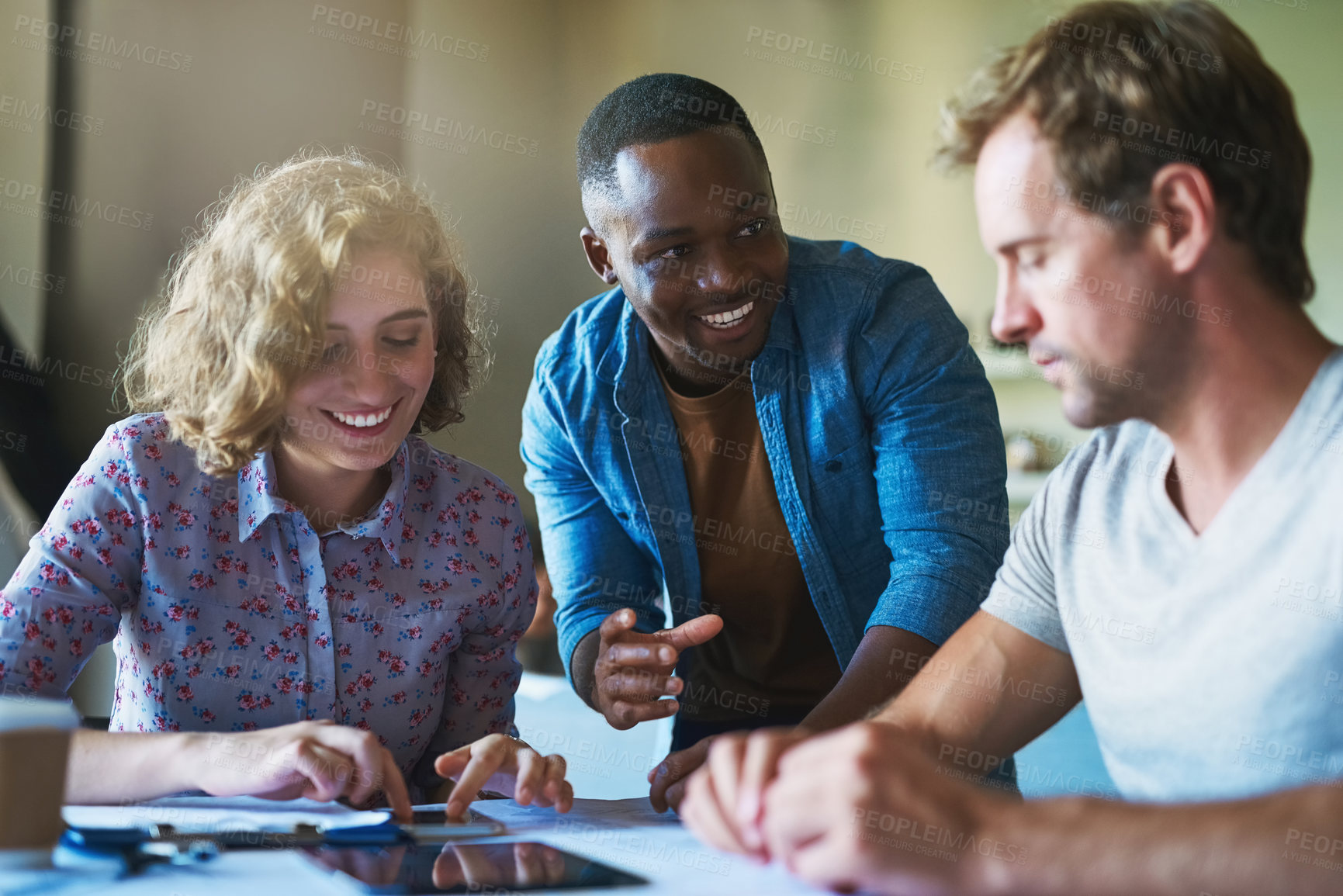 Buy stock photo Business people, meeting and happy collaboration in office with diversity and planning for news schedule. Digital, tablet and teamwork for content creation and work conversation at press agency