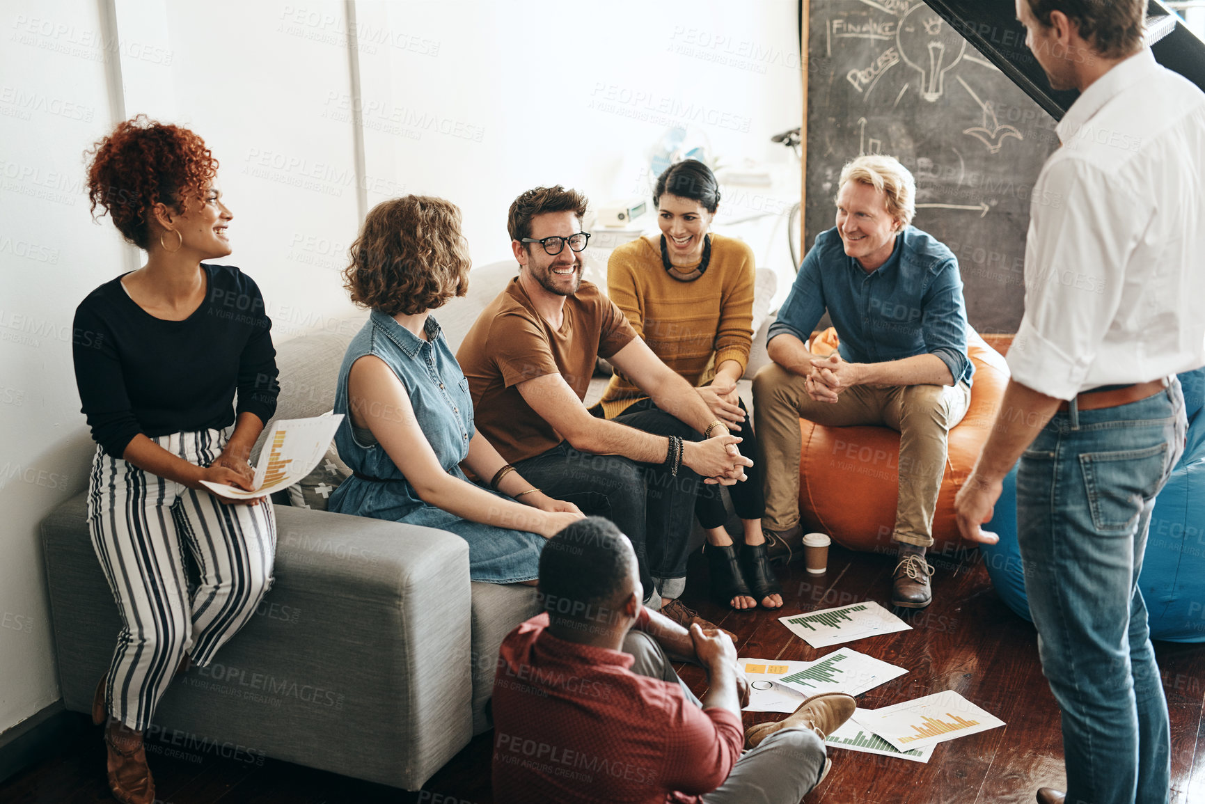 Buy stock photo Creative, brainstorming and people in workshop at startup with idea, statistics and business growth. Planning, meeting and design team with diversity, discussion and development data in office lounge