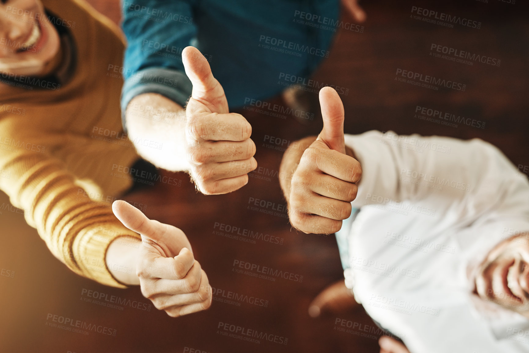 Buy stock photo Thumbs up, team building and above in meeting, business and collaboration for workshop, success or achievement. Group of people, cooperation and unity for workplace, synergy or positive as colleagues