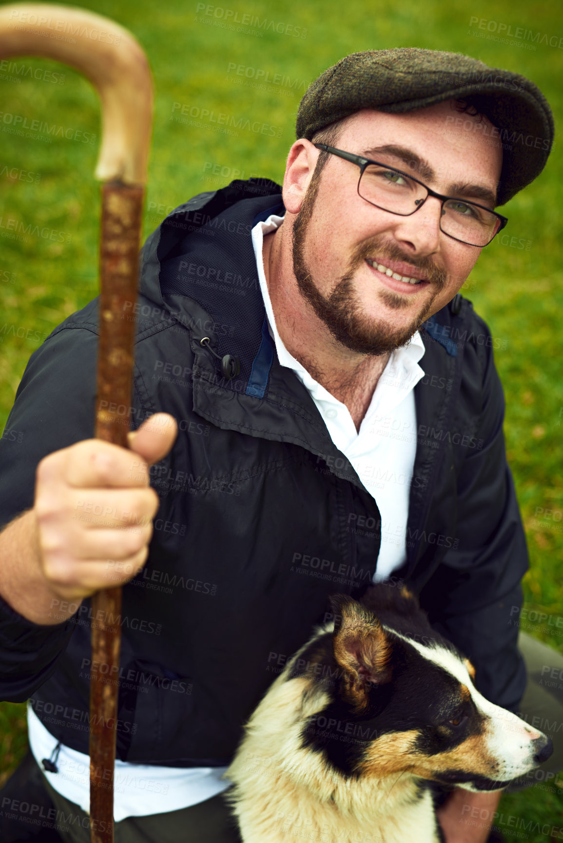 Buy stock photo Cane, dog and portrait of farmer in nature with training pet for herding sheep for live stock. Happy, walking stick and male sustainable business owner with puppy for animal behavior in Norway field.