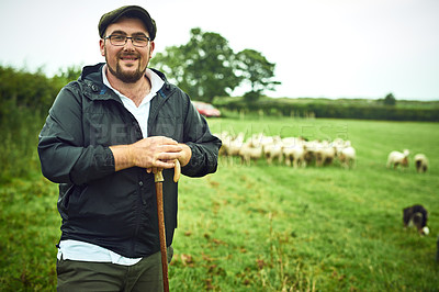 Buy stock photo Portrait of a cheerful young farmer standing with a cane while a flock of sheep grazes in the background on a open field